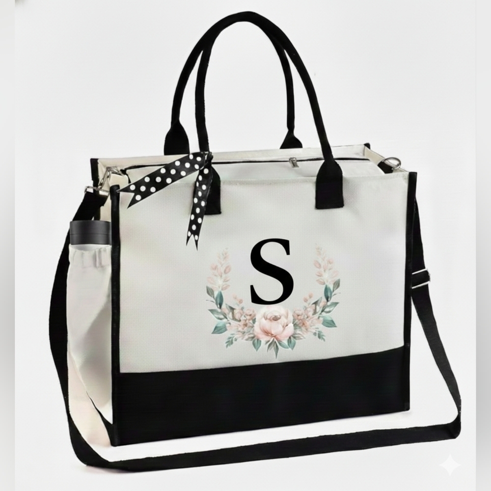 Monogrammed Floral Letter -S- Canvas Tote Bag Zipper Pocket Side Pouch Gift NWT